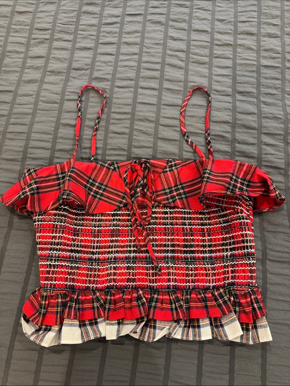 English Factory Red Plaid Smocked Ruffle Camisole Top